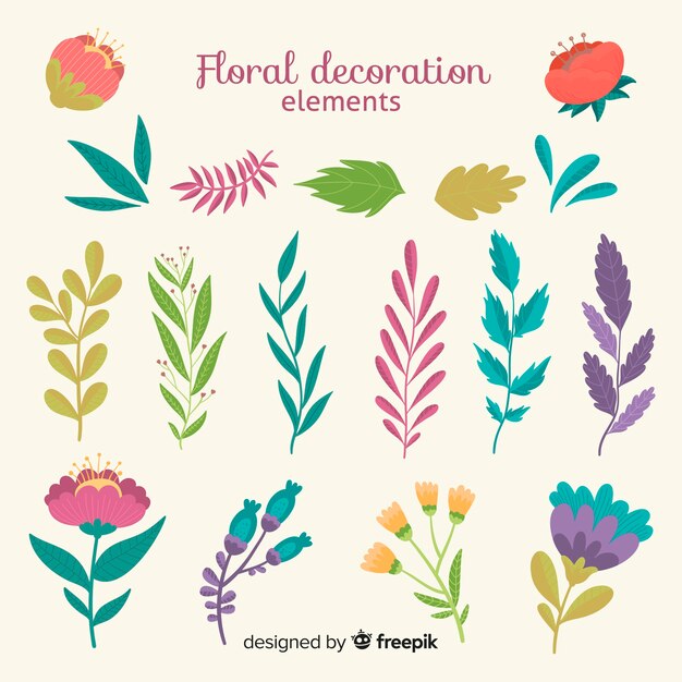 Pack elementos florales ornamentales dibujados a mano