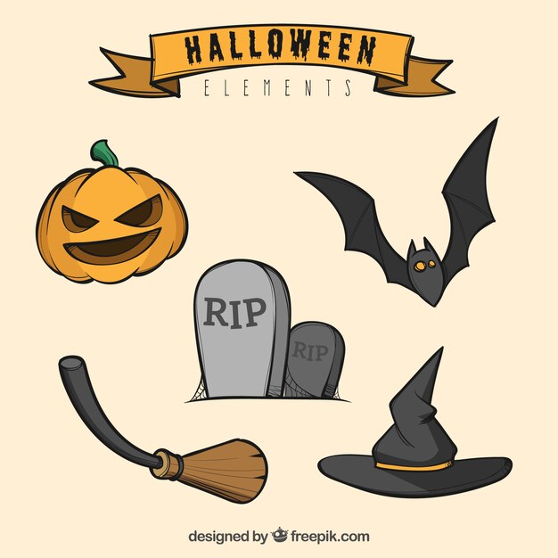 Pack de elementos de halloween dibujados a mano 