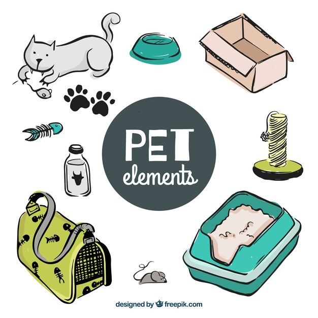 Pack de elementos de mascotas dibujados a mano