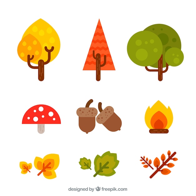 Pack de elementos naturales de otoño en diseño plano