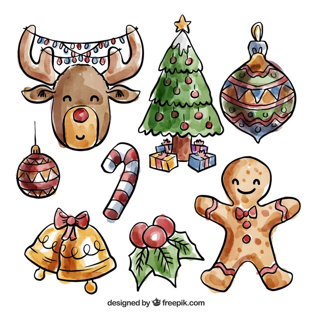 Pack de elementos de navidad de acuarela dibujados a mano 