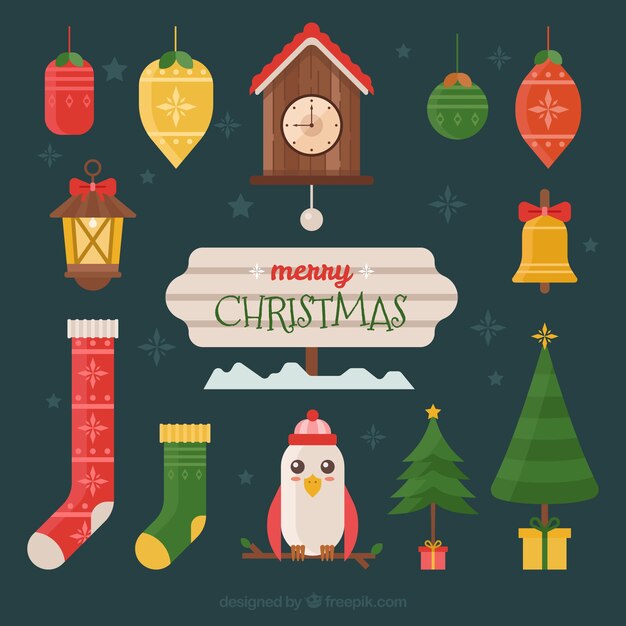 Pack de elementos de navidad bonitos vintage en diseño plano 