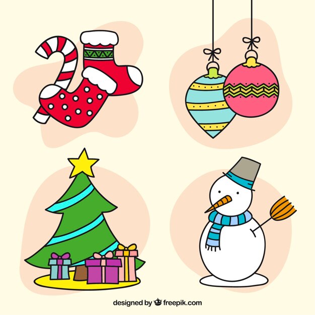 Pack de elementos navideños dibujados a mano y muñeco de nieve
