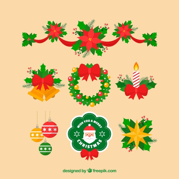 Pack de elementos navideños en diseño plano 
