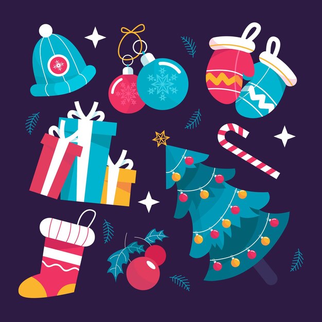 Pack de elementos navideños de diseño plano