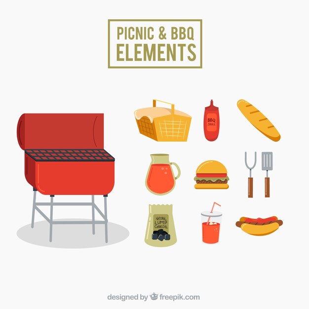 Pack de elementos de picnic y barbacoa en diseño plano