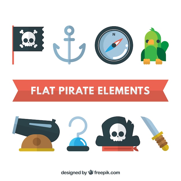 Vector gratuito pack de elementos pirata en diseño plano