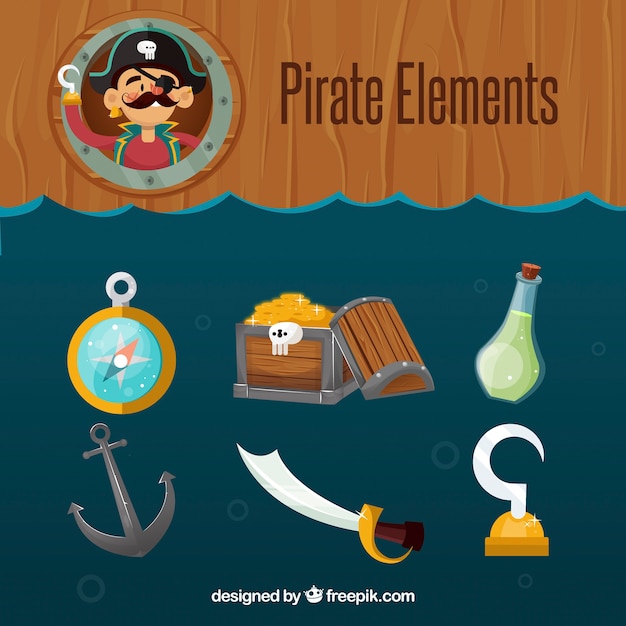 Vector gratuito pack de elementos de piratas en diseño plano