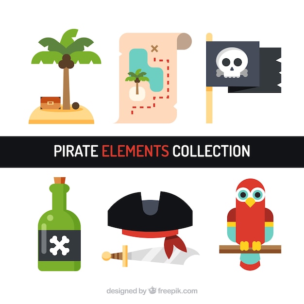 Vector gratuito pack de elementos piratas en diseño plano