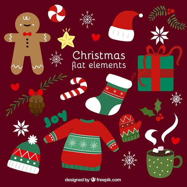 Pack de elementos planos bonitos listos para la celebración de navidad