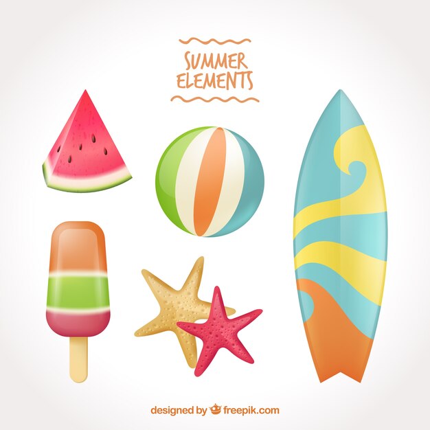 Pack de elementos de verano y tabla de surf