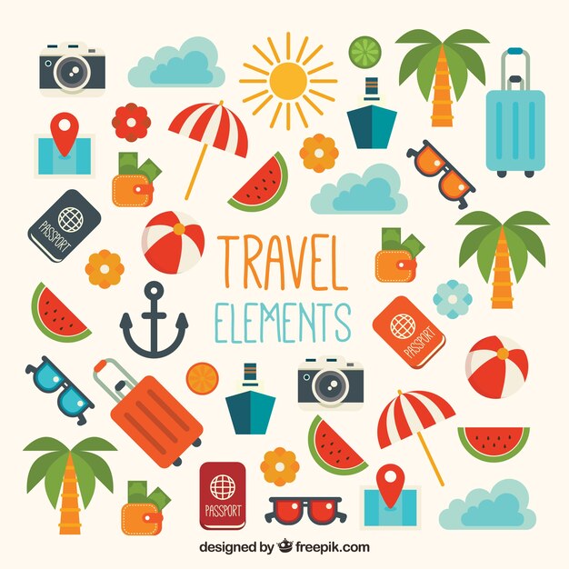 Pack de elementos de viaje en diseño plano 