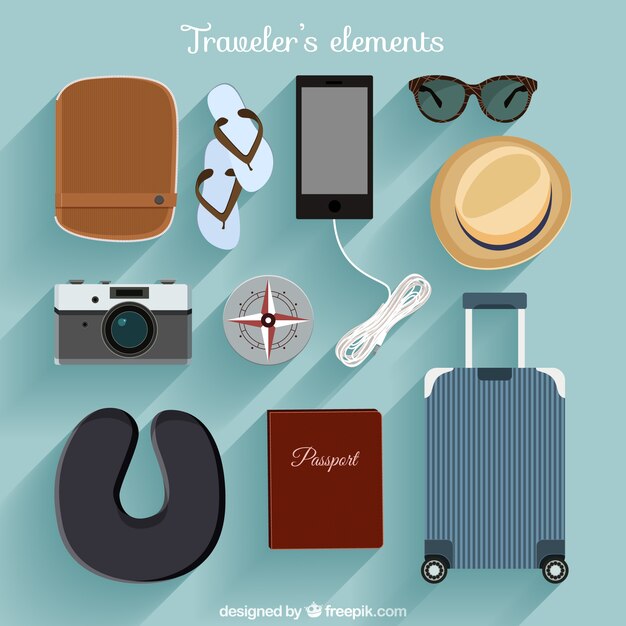 Pack de elementos de viaje vistos desde arriba