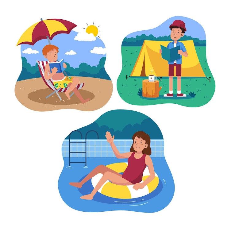 Vector gratuito pack de escenas de verano plano ilustrado