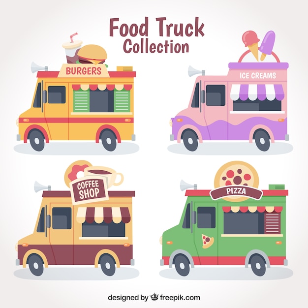 Vector gratuito pack con estilo de food trucks coloridas