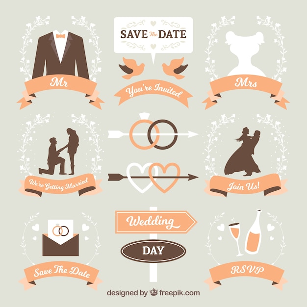 Vector gratuito pack de etiquetas de boda con cintas naranja