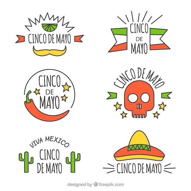 Pack de etiquetas con elementos coloridos para el cinco de mayo