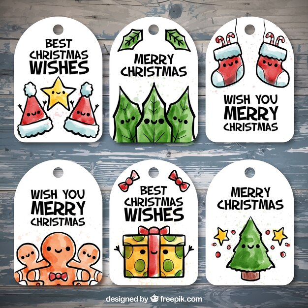Pack de etiquetas navideñas de acuarela dibujadas a mano 
