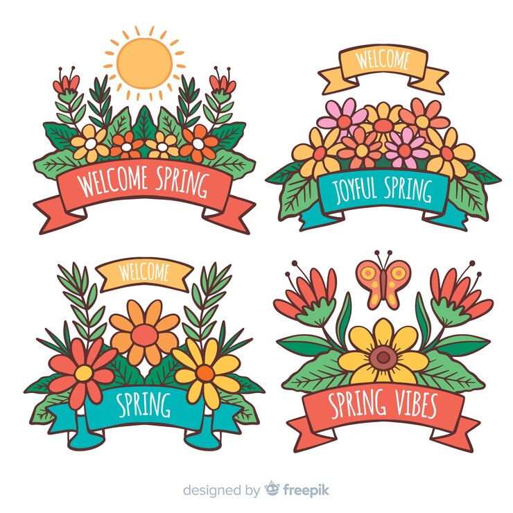 Vector gratuito pack etiquetas primavera florales dibujos animados