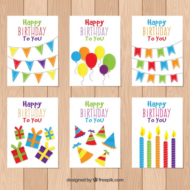 Pack de felicitaciones con elementos de cumpleaños coloridos