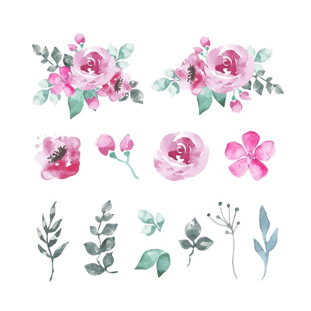 Pack de flores y hojas de acuarela en tonos rosáceos.