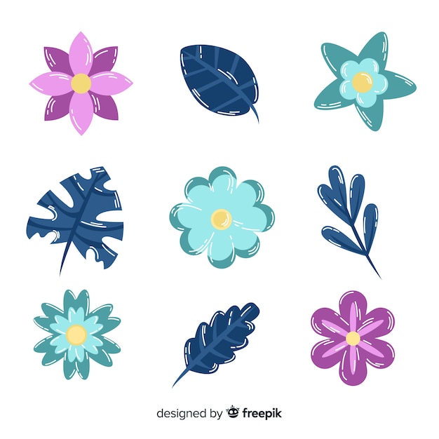 Vector gratuito pack flores y hojas planas