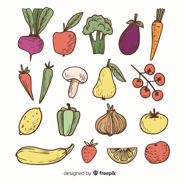 Vector gratuito pack frutas y verduras coloridas dibujadas a mano