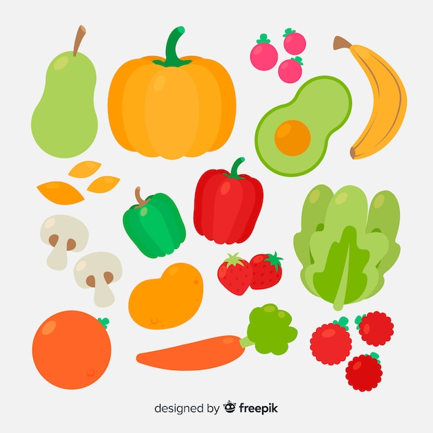 Pack frutas y verduras coloridas planas