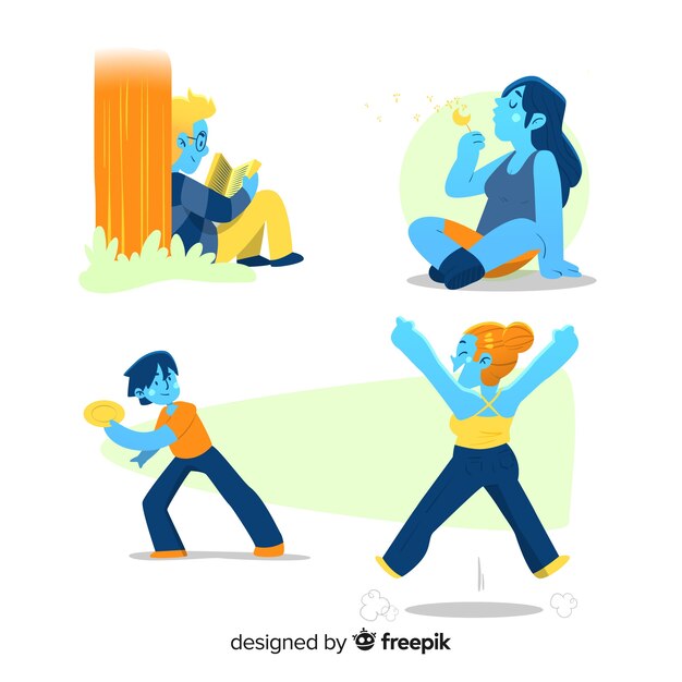 Pack gente haciendo actividades en el exterior dibujada a mano