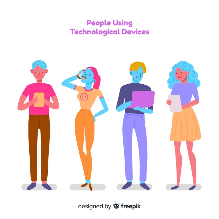 Vector gratuito pack gente joven colorida dibujada a mano usando dispositivos tecnológicos