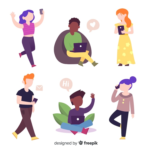 Pack gente joven dibujada a mano usando dispositivos tecnológicos