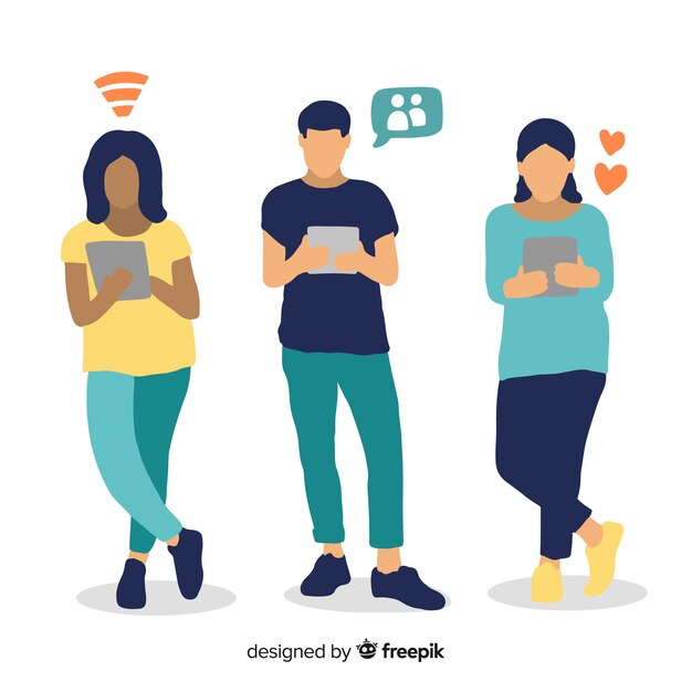 Pack gente joven dibujada a mano usando dispositivos tecnológicos