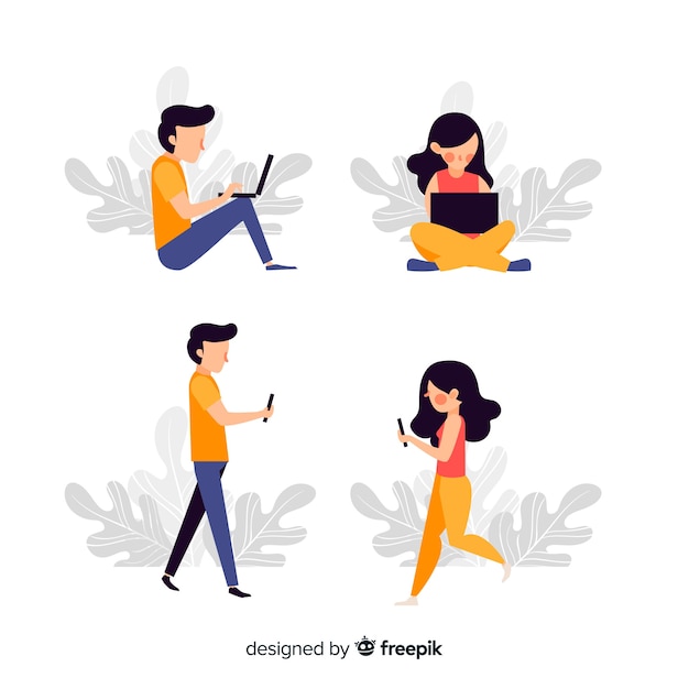 Pack gente joven dibujada a mano usando dispositivos tecnológicos