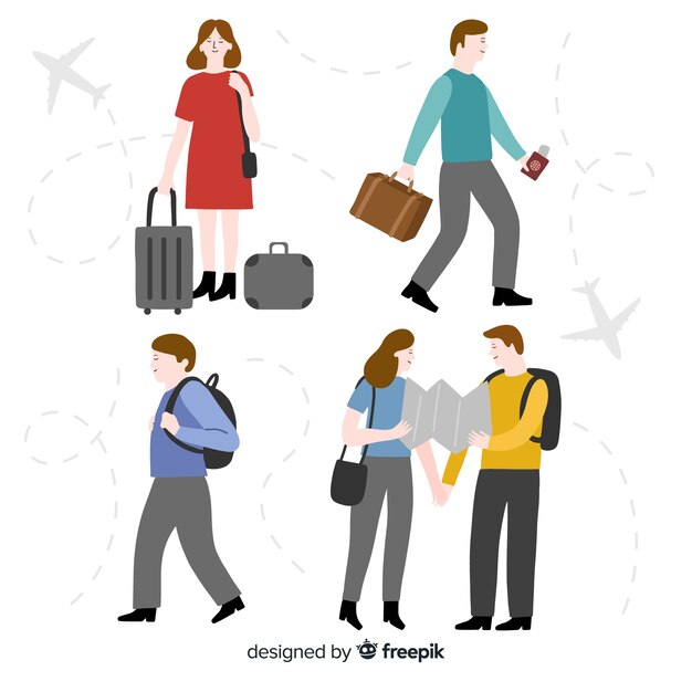 Pack gente viajando dibujada a mano