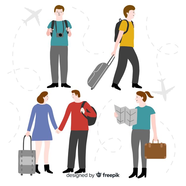 Pack gente viajando dibujada a mano