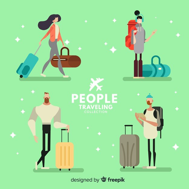 Pack gente viajando dibujada a mano