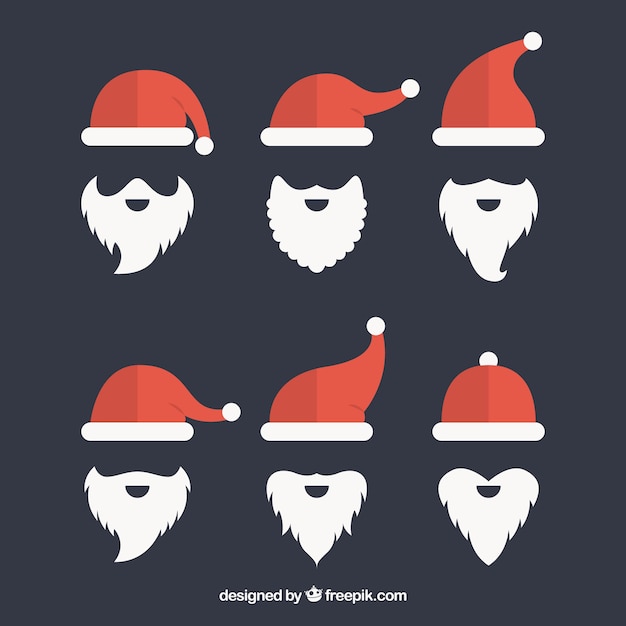 Pack de gorros y barba de santa claus en diseño plano