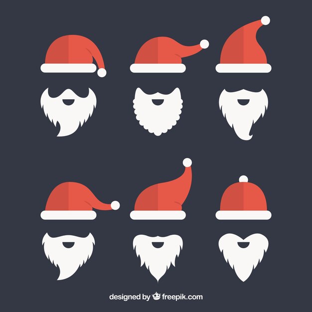 Pack de gorros y barba de santa claus en diseño plano 