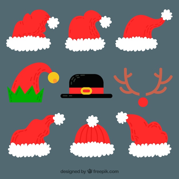 Vector gratuito pack de gorros de navidad dibujados a mano