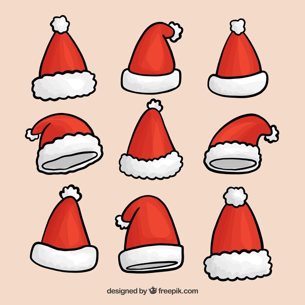 Pack de gorros de santa claus dibujados a mano