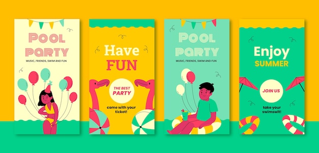 Vector gratuito pack de historias de instagram de fiesta en la piscina dibujadas a mano