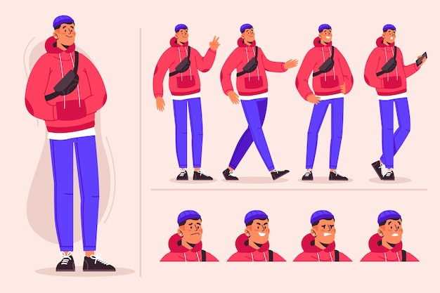 Vector gratuito pack de ilustración de poses de personaje masculino