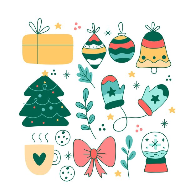 Pack de ilustraciones dibujadas a mano de elementos navideños