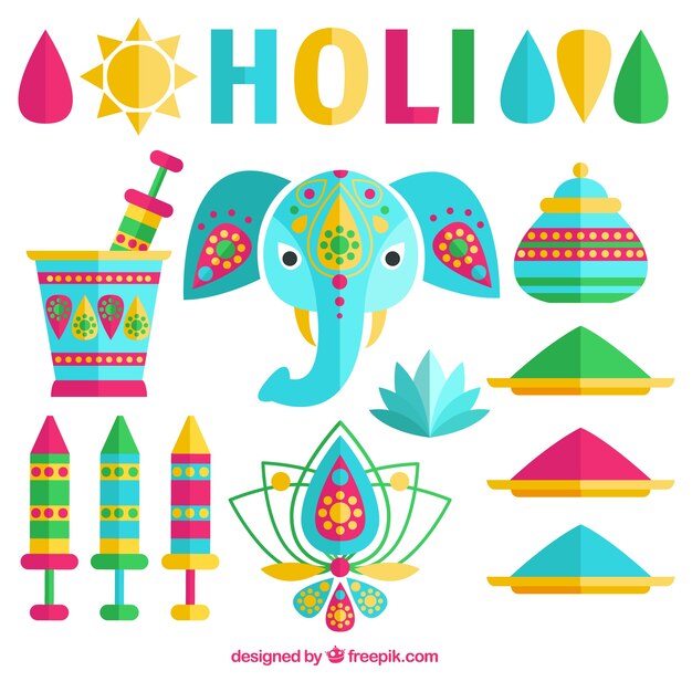 Pack impresionante de decoración plana para el festivald de holi