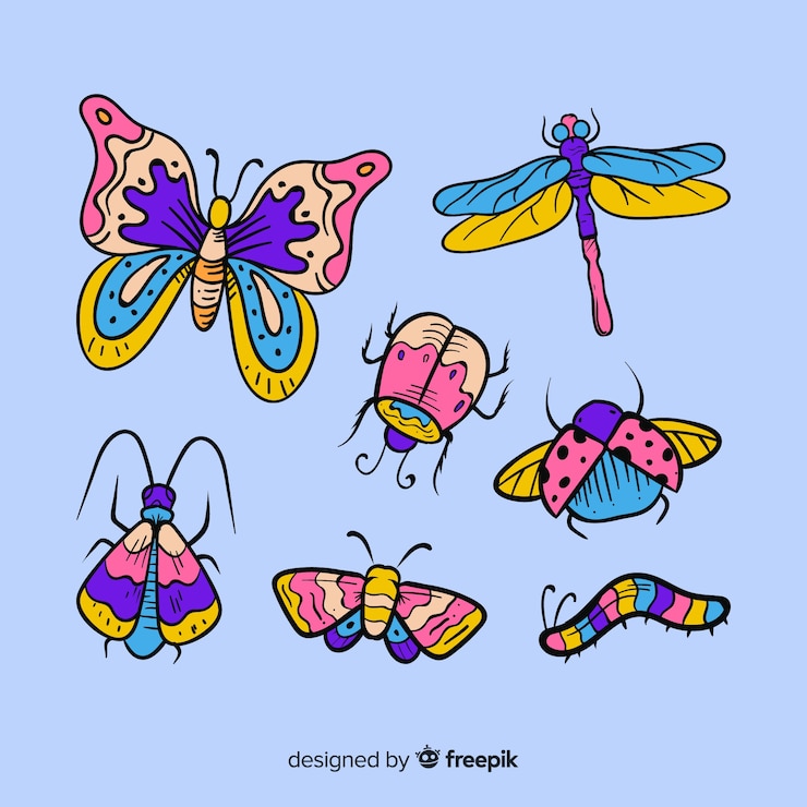 Vector gratuito pack insectos coloridos dibujados a mano