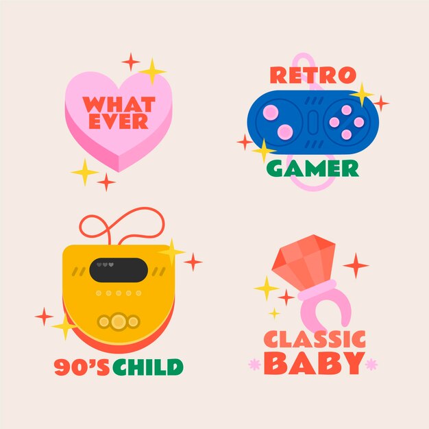 Pack de insignias nostálgicas de los 90 dibujados a mano