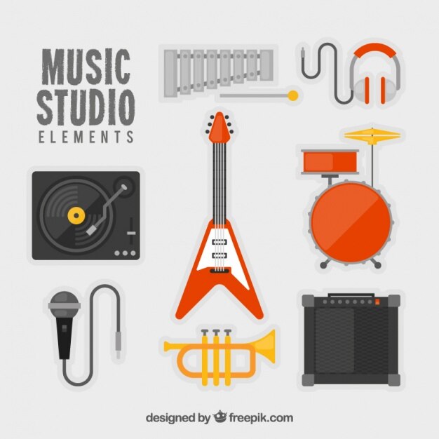 Pack de instrumentos de músicos y elementos de estudio de música