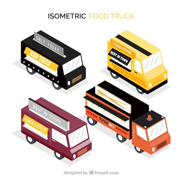 Pack isométrico de food trucks modernos
