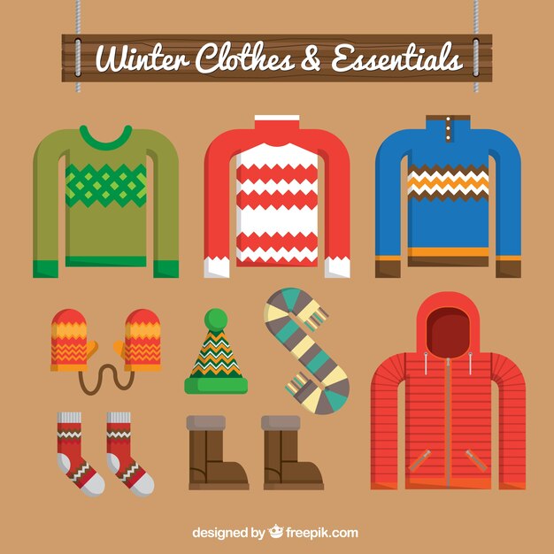 Pack de jerseys y accesorios de invierno en diseño plano