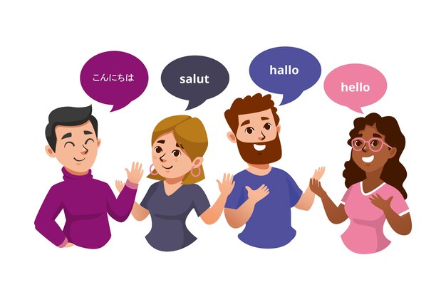 Pack de jóvenes hablando en diferentes idiomas
